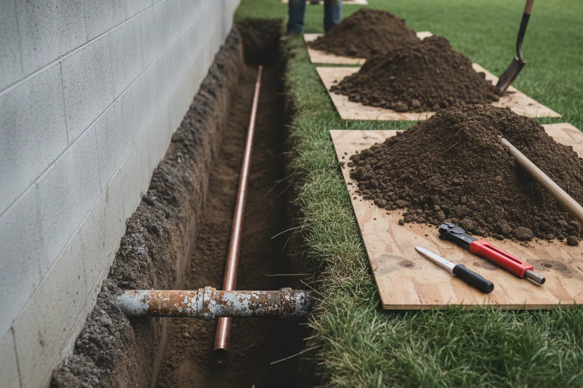 Excavated water line trench during Water Heater Repair in Bluewater